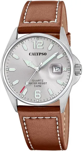 CALYPSO WATCHES Quarzuhr Basic K5870/2 - Armbanduhr für Herren mit elegantem Lederarmband, wasserdicht bis 5 bar und leuchtenden Ziffern für optimale Ablesbarkeit.