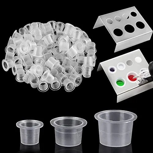 300pcs Tattoo Farbkappen Cups mit 2 Cups Halterungen - Emalla 100 kleine 100 mittlere 100 große Tattoo Pigmentkappen +2 Cups Halter für Tattoo Tinte Tattoo Zubehör