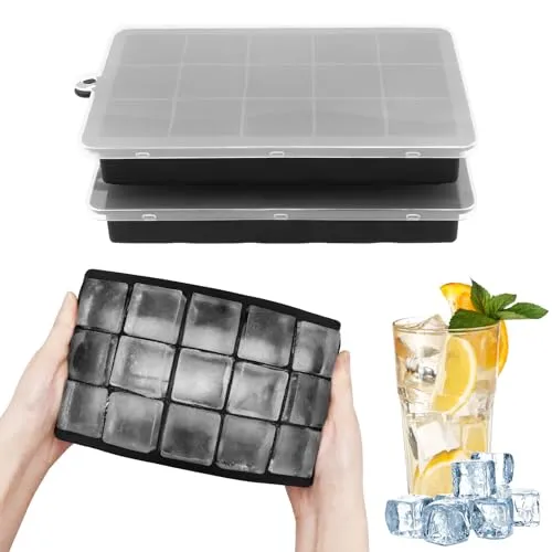 Stück Silikon Eiswürfelform mit Deckel,15 Fächer Schwarz Eiswürfelbehälter Wiederverwendbar Quadratisch Eiswürfel form Groß für Gekühlte Getränke,Whisky und Cocktails 2