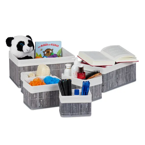 relaxdays Aufbewahrungskorb Bambus 6er Set, grau - Dekokörbe aus feuchtigkeitsabsorbierendem Bambus für Ordnung im Bad und Zuhause. Ideal für Socken, Spielzeug und Accessoires – praktisch und dekorativ!