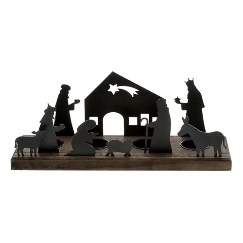 Kerzenhalter Krippe schwarz - 32 x 9 cm - Weihnachtsdorf Silhouette mit Haltern für 4 Teelichter - Weihnachten Advent Winter Kerzen Ständer Tisch Fenster Schattenspiel