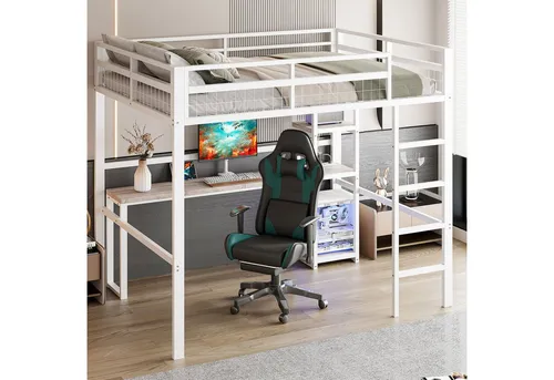 Redom Hochbett, Weiß, Metall, 140x200 cm, platzsparend für Kinder- & Jugendzimmer - Modernes Hochbett in Weiß mit integriertem Schreibtisch und Regalen. Ideal für platzsparende Lösungen im Kinder- und Jugendzimmer. Inklusive Steckdose für praktisches Laden von Geräten direkt am Bett.