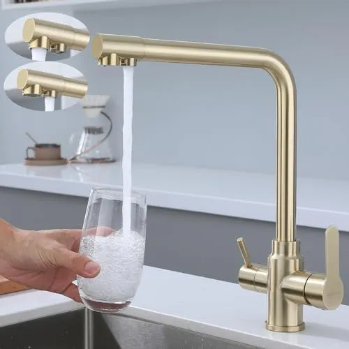 SkyPanda 3 Wege Küchenarmatur, Gold Trinkwasser Küchenarmatur mit Doppelhebel, Durchdringung 3-in-1, 360° drehbarer Mischer, mit 2-Ausgängen, 304 Edelstahl, Gold gebürstet