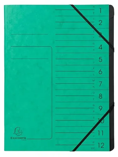 Exacompta 541203E Ordnungsmappe mit Gummizug - 10 Stück - Hefter & Mappen: 12 Fächer, ideal für die strukturierte Ablage von Dokumenten, robust und stilvoll in Grün.
