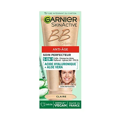 GARNIER Skin Active – BB Anti-Aging-Creme – All-in-1-Perfektionspflege – strafft & spendet Feuchtigkeit – LSF 25 – Hyaluronsäure & Aloe Vera – Vegan & Cruelty Free – alle Hauttypen – klare Tönung – 50