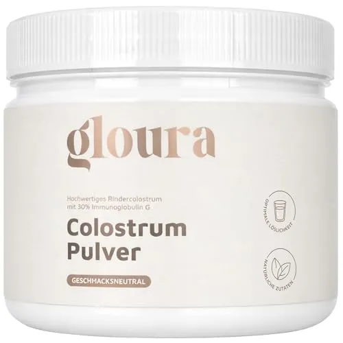 Gloura Premium Colostrum Pulver [120g] – Hochwertiges Rindercolostrum mit 30% IgG - Hochwertiges Rindercolostrum in geschmacksneutraler 1-Komponenten-Form, laktosefrei und glutenfrei. Ideal zur täglichen Unterstützung, leicht löslich in Getränken. Hergestellt in Deutschland mit geprüfter Qualität.