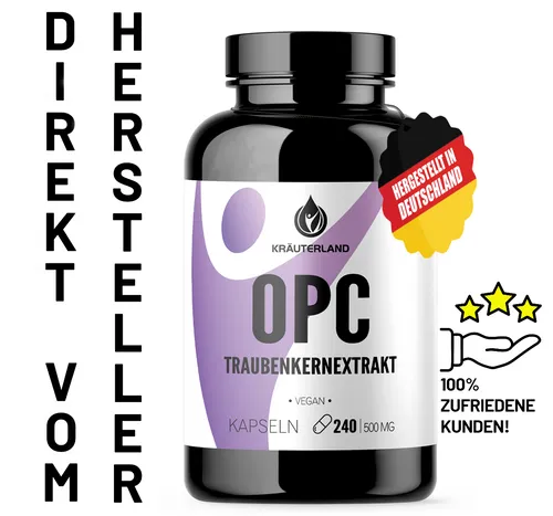 KRÄUTERLAND - OPC Traubenkernextrakt Kapseln 240 Stück - Pflanzliche Heilmittel mit original französischen Weintrauben, vegan und ohne Zusatzstoffe – für Ihr allgemeines Wohlbefinden.