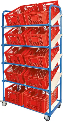 Schrägboden-Regalwagen mit 5 Ebenen und 10 Euroboxen 600x400x240 mm rot
