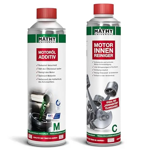 MATHY Motor-Reinigungs-Set – Motorinnenreiniger & Additiv für Diesel und Benzin - Einfache Anwendung vor dem Ölwechsel für alle Motorenöle. Reduziert Verschleiß und sorgt für saubere Motoren. Optimale Ölversorgung schützt vor Schmiermängeln. Qualität aus Deutschland mit geprüfter Wirksamkeit.