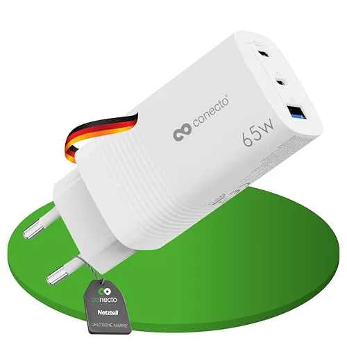 conecto USB C Ladegerät, 3 Port Mehrfach Adapter, Netzteil 65 Watt Schnellladegerät kompatibel mit Apple iPhone 15, Samsung, Tablet, Laptop UVM, GaN QC PD Charger, Weiß