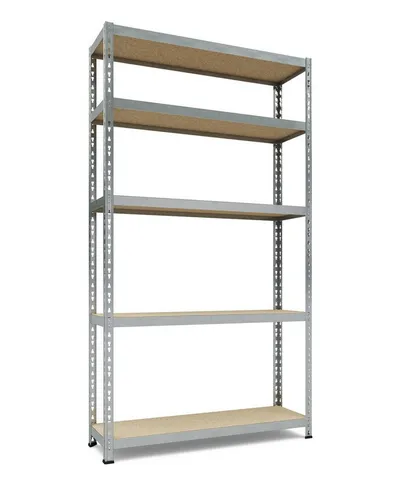 TKT Schwerlastregal 180x100x30 cm, silberfarben - Werkstatteinrichtung mit 5 robusten Holzeinlegeböden, ideal für schwere Lasten bis 150 kg pro Boden, einfaches Stecksystem für schnelle Montage.