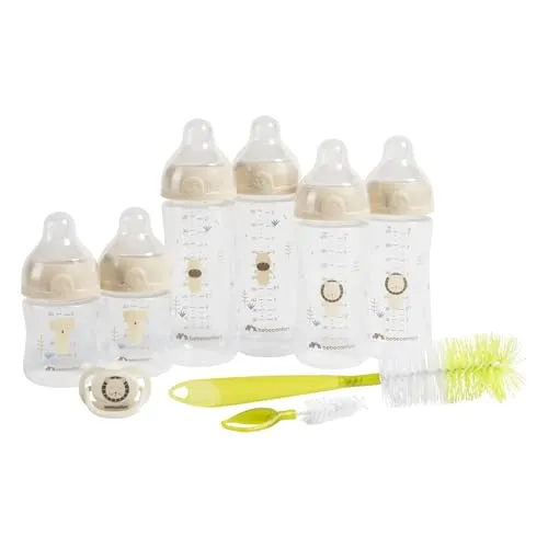 Bebeconfort Physio Air komplettes Flaschenset - Babyflaschen-Set mit 6 Flaschen, Schnuller und 2-in-1-Flaschenbürste, speziell für eine kolikfreie Fütterung und einfach zu reinigen.