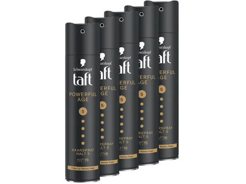 Schwarzkopf Taft Haarspray Powerful Age (5x 250 ml) - Starkes Haarspray mit Haltegrad 5 für feines Haar. Verleiht Fülle und starken Halt, ohne zu verkleben. Ideal für langanhaltende Styles, die sich gut anfühlen. Vegane Formel für bewusste Pflege.