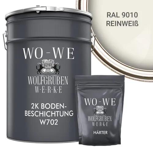 WO-WE 2K Epoxidharz Garagenfarbe Bodenbeschichtung W702 Reinweiss 20kg - Hochwertige 2K Epoxidharz-Bodenbeschichtung für langlebige und pflegeleichte Oberflächen. Ideal für Beton und Zement, mit seidenglänzender Textur und geruchsarmer Formel für angenehmes Arbeiten.