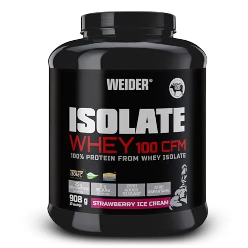 Weider Isolate Whey 100 CFM. Erdbeereis-Geschmack. Proteinpulver mit hochwertiges Molkenproteinisolat. Gut löslich. Bis zu 33g Eiweiß in 1 Portion. Ohne Aspartam. Zuckerarm, 908 g