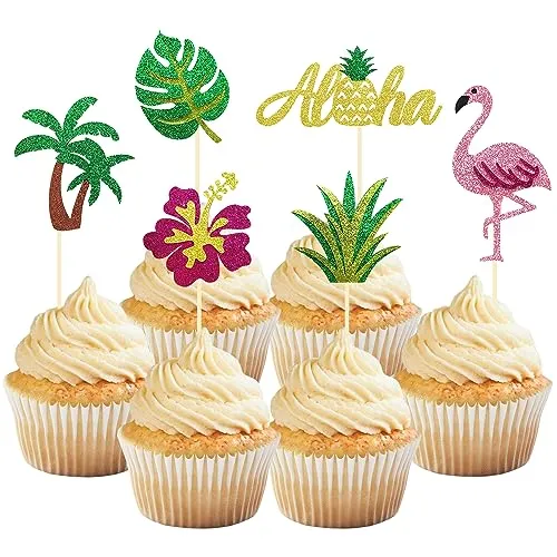 Stück Glitzer Tropische Hawaii Cupcake Topper, Flamingo Tortendeko, Aloha Cupcake Topper für Hawaii Aloha Luau Poolparty Sommerparty Dekoration (Aloha grün) 24