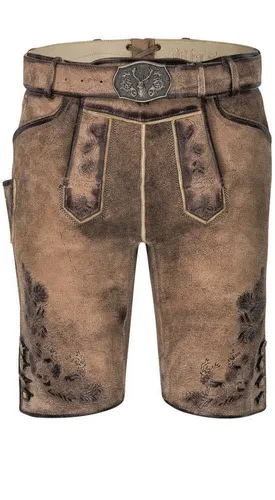 Nübler Trachtenlederhose Max in Hellbraun - Traditionelle Lederhose aus hellem Ziegenleder mit edler Reliefstickerei. Praktische Taschen und verstellbare Bundweite bieten Komfort. Ideal für festliche Anlässe und die Verbindung zur Heimat.