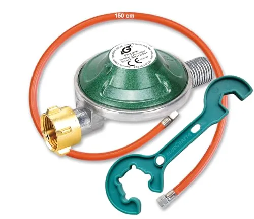 Bluecraft Gasregler Druckregler Druckminderer 50mbar mit Gas-Schlauch 150 cm + Gasregler-Schlüssel - Reglerlöser mit Magnet, Schlauch-Regler Anschluss-Set