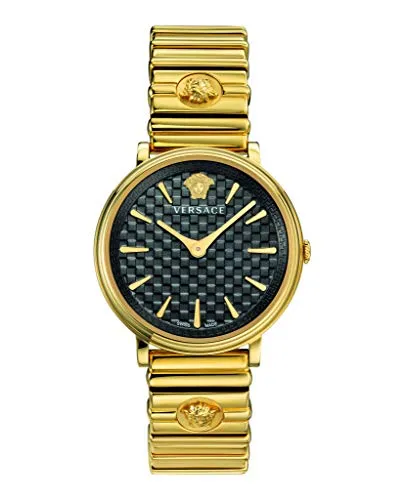 Versace VE8101519 V-Circle Damenuhr - Elegante Goldfarbe mit Saphirglas - Damenuhren mit Edelstahlgehäuse und 5 ATM wasserdicht. Diese stilvolle Uhr vereint Schweizer Quarzwerk mit einem edlen Design und kratzfestem Saphirglas.