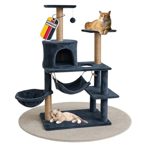Kratzbaum Holz Anthrazit 37x58x135cm - Aktivitätskratzbäume mit Ruhehöhle, Hängematten und Sisalstämmen - ideal für Wohnungskatzen zur Förderung von Aktivität und Wohlbefinden.