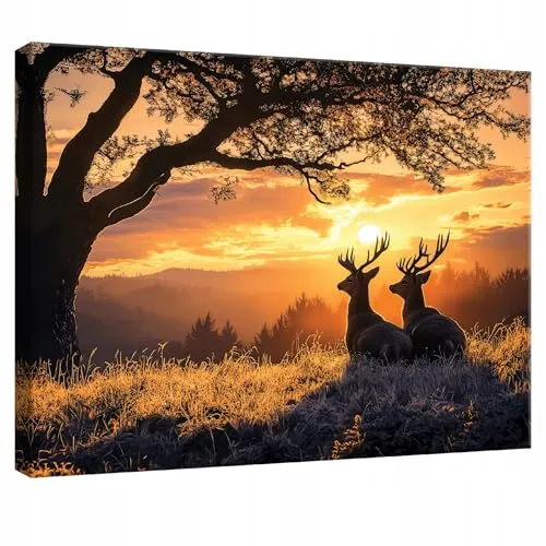 WallArena - Leinwand Bilder Landschaft Hirsch - 120x80 cm Leinwandbilder - Bild auf leinwand - Wandbild XXL groß Wandbilder für Wohnzimmer Schlafzimmer Wohnzimmerbilder Modern - Sonnenuntergang