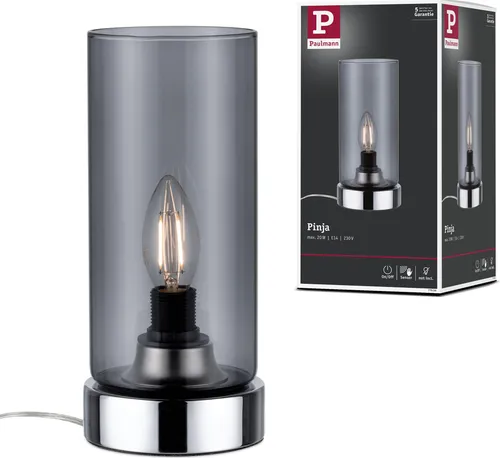 Paulmann Pinja 77056 Tischlampe LED E14 20W Chrom - Tischlampe mit edlem chromfarbenem Sockel und Rauchglas-Schirm, ideal für Nachttische oder als Akzentbeleuchtung. Berührungssensor für einfaches Ein- und Ausschalten.