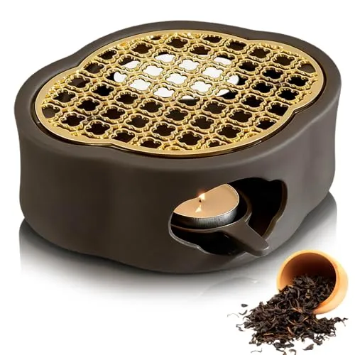 PORFOYO Teekannenwärmer Schwarz, Keramik, Teewärmer mit Kerzenhalter, Stövchen für Teekanne, Kaffeewärmer, 13x7 cm Heizfläche, Schwarz-Gold-Design, Kerzenbetrieben