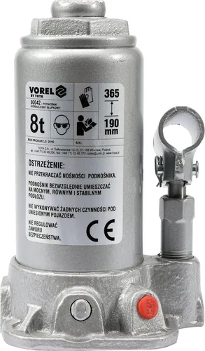 Yato 80042 – Hydraulische Flasche Jack 8T - Wagenheber mit 8 Tonnen Tragkraft, ideal für PKW und LKW, bietet eine sichere und effiziente Hebehöhe von bis zu 365 mm.