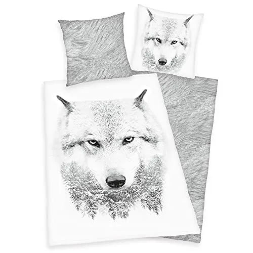 Klaus Herding GmbH Flanell Bettwäsche Set mit Wolf 135 x 200 cm - Bettwaren-Set für Kinder, atmungsaktiv und wärmeregulierend aus 100% Baumwolle, schadstofffrei nach Öko Tex Standard 100, mit hochwertigem Wolf-Motiv.