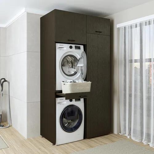 Roomart Waschmaschinenschrank für Trockner auf Waschmaschine - 112 cm - Praktischer Waschmaschinenschrank mit Klappschrank und Hochschrank für extra Stauraum. Höhenverstellbare Regalböden und stabile Konstruktion sorgen für optimale Nutzung im Waschraum. Pflegeleicht und einfach aufzubauen.