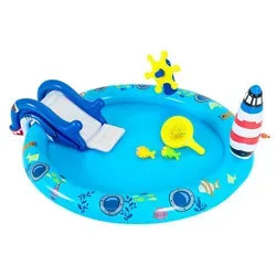 COSTWAY Aufblasbares Planschbecken mit Rutsche und Wasserspielzentrum - Dieses farbenfrohe Planschbecken begeistert Kinder mit einer Haifisch-Rutsche und einem Leuchtturm-Wasserspiel. Ideal für den Sommer, fördert es aktives Spielen im Freien und sorgt für Spaß und Erfrischung.