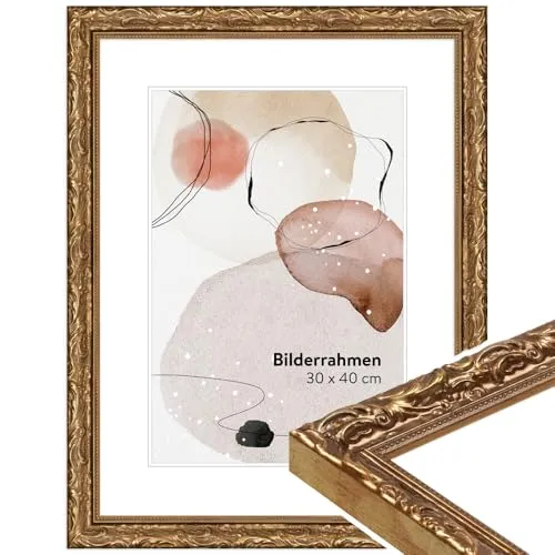 WANDStyle Bilderrahmen Gold 24x30 cm - Wand- & Tischbilderrahmen im eleganten Barock-Stil, aus hochwertigem Massivholz und Echtglas, ideal für stilvolle Präsentation von Bildern und Erinnerungen.