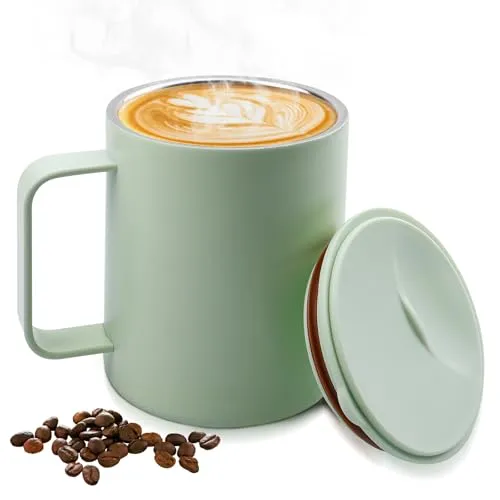 WIYETY 400 ml Thermo Kaffeebecher: Edelstahl mit rutschfestem Griff und Schiebemoduldeckel, Thermobecher Campingbecher Camp Mug, Großem Volumen Travel Mug, Thermobecher für Café & Tee
