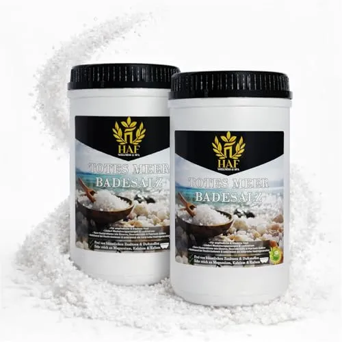 HAF – Premium Totes Meer Badesalz aus Jordanien (2 x 1 kg) – Naturreines Meersalz für Wellness - NATÜRLICHES MEERSALZ – Genieße die reichhaltigen Mineralien für ein entspannendes Bad. Ideal zur Pflege empfindlicher Haut und für entspannende Momente. PRAKTISCHE DOSIERUNG – Die wieder verschließbare Dose sorgt für einfache Handhabung und Frische.