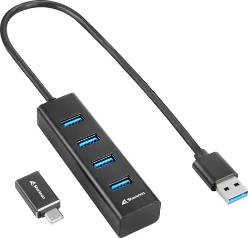 Sharkoon 4-Port USB 3.2 GEN 1 Aluminium Hub - Schnelle 5 Gbit/s Datenübertragung, mobil und kompatibel mit USB-Typ-A und Typ-C
