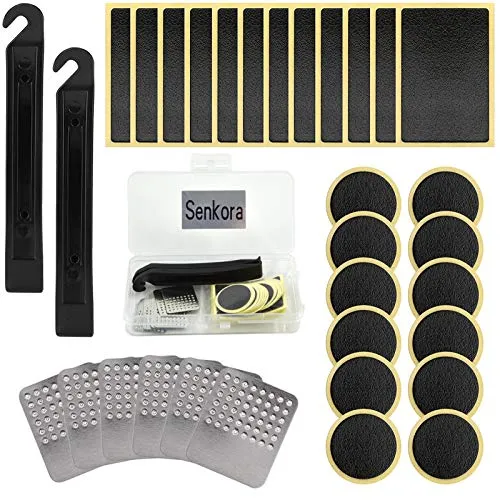 Keyck 32 Stücke Fahrradreifen Patch Kit Fahrrad Flickzeug Reparatur Set Metall Fahrradreifen Reibe Reifenheber Werkzeug Selbstklebend Gummipatch Reifen Reparaturset