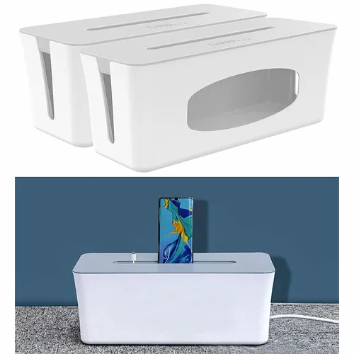 Callstel 2er-Set Kabelboxen groß, mit Smartphone- & Tablet-Ladesteckplatz, weiß