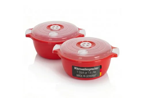 Mikrowellenschüssel Set mit Deckel und Dampfventil, 1,8 Liter - Praktisches Mikrowellenschüssel-Set mit 1,8 Liter Volumen. Ideal zum Erhitzen, Auftauen und Garen. Temperaturresistent von -20°C bis 120°C, mit praktischem Dampfventil und Griffen für sicheren Transport. Spülmaschinengeeignet und geschmacksneutral.