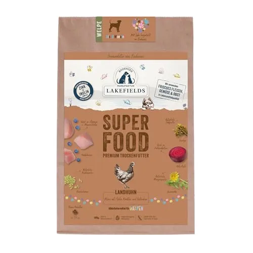 Lakefields SUPERFOOD Welpenfutter | 61% Huhn | 2,5kg - Getreidefreies Trockenfutter für Welpen, entwickelt von Tierärzten, mit frischem Hühnerfleisch und Superfoods für eine gesunde Entwicklung und ein glänzendes Fell.