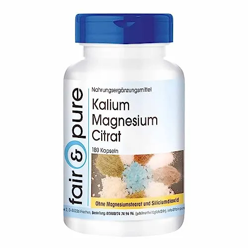 Fair & Pure Kalium Magnesium Citrat, 180 Kapseln, 900 mg/240 mg pro Tagesdosis, Nahrungsergänzungsmittel vegan ohne Magnesiumstearat, in Deutschland hergestellt