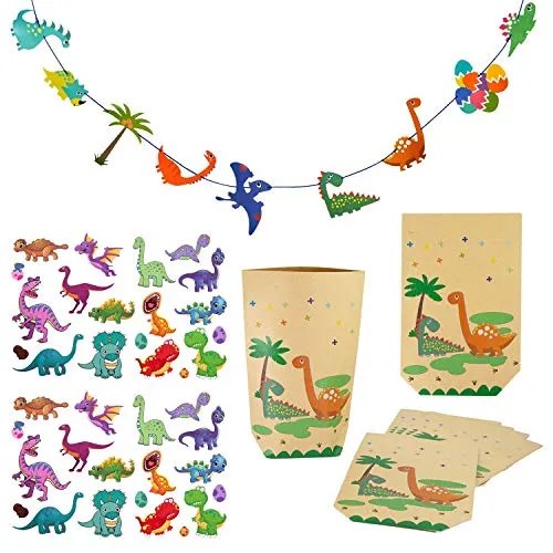 Oblique Unique® Dino Party Kinder Geburtstag Deko Set - Dino Girlande + Temporäre Dino Tattoos + Dino Geschenktüten - Dinosaurier Deko für Jungs
