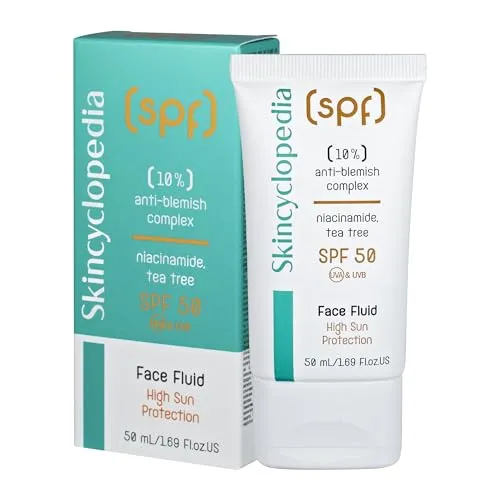 Skincyclopedia LSF 50 Sonnencreme, Sonnenfluid für das Gesicht mit Niacinamide und Teebaum gegen Pickel, SPF 50 Sun Protection Face Fluid, UVA und UVB, Sonnenschutz mit hohem Breitspektrumschutz, 50ml