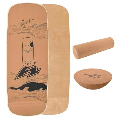 F2 Kork Balance Board Pill 73x28cm mit Korkrolle + Kork Halbkugel - Balanceboards für funktionales Training – antibakterielles Korkdeck auf Birkenholz, perfekt für barfüßiges Training und inklusive Zubehör für abwechslungsreiche Übungen.