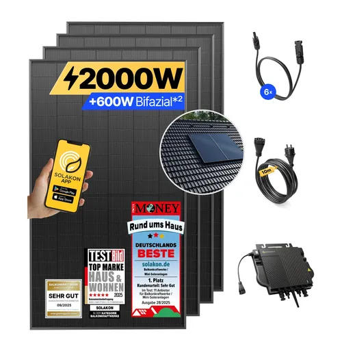 Balkonkraftwerk 2000W/800W Solaranlage - Solaranlage mit einfacher Dachhalterung für schnelle Installation. Sparen Sie bei Ihrer Stromrechnung mit diesem steckerfertigen Komplettset!