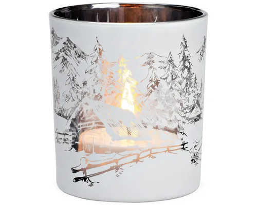 matches21 HOME & HOBBY Kerzenhalter Glas Windlicht Winter-Wald Teelichthalter Ø 9 x 10 cm weiß (1 St), Schönes Teelicht Kerzenglas als Winter-Deko Weihnachten Tischdeko