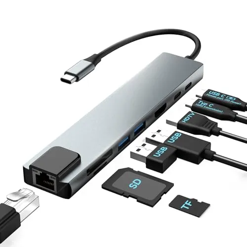 Moman Docking Station 8 in 1 USB C Hub - USB-Hub mit 8 Anschlüssen inklusive 100W PD, 4K@30Hz HDMI und schneller Datenübertragung, ideal für vielseitige Nutzung im Büro oder unterwegs.