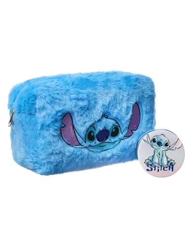 Disney Lilo & Stitch Make-up-Tasche und Spiegel | Damen-Kosmetiktasche aus blauem Pelz mit Stitch-Charakter-Gesicht | Reisekosmetiketui und Taschenspiegel fur Erwachsene und Jugendliche