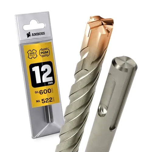 SDS Plus Hammerbohrer 4X Schneiden PGM Ø 12.0mm x 522mm - AMBOSS Werkzeuge SDS Crusher 4 - HM Betonbohrer Hartmetall Profi Bohrer 12.0 mm x 522 - Steinbohrer Stahlbeton Mauerwerk Ziegel Kalksandstein