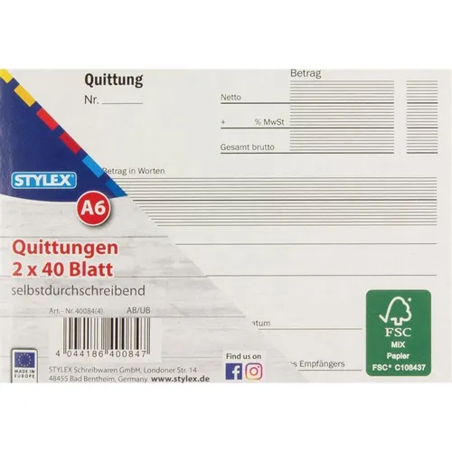 Stylex Quittungsblock 2x40 Blatt DIN A6 selbstdurchschreibend