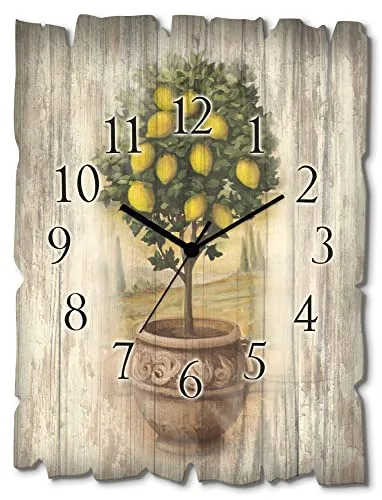 ARTLAND Wanddeko Wanduhr ohne Tickgeräusche aus Holz Quarz Uhr lautlos Rechteckig 30x40 cm Topf Keramik Pflanzen Zitronenbaum Mediterran Rustikal Vintage U0PT